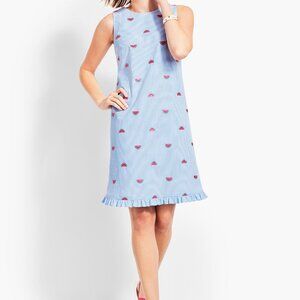 Talbots 14 petite Watermelon Sleeveless Embroidered Day Shift Ruffled Hem NWT